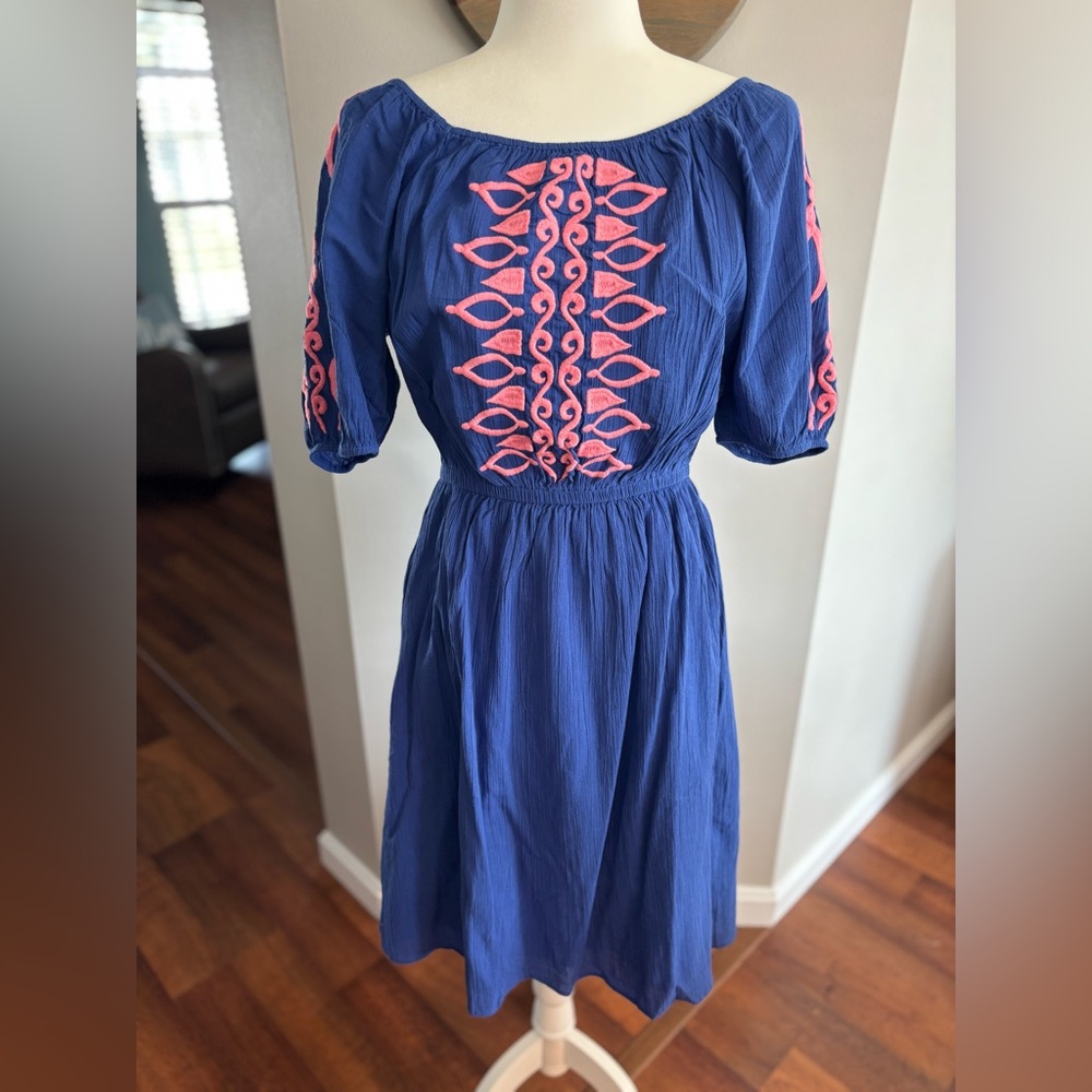 Talbots Blue and Coral Embroidered Long Sleeve Dress